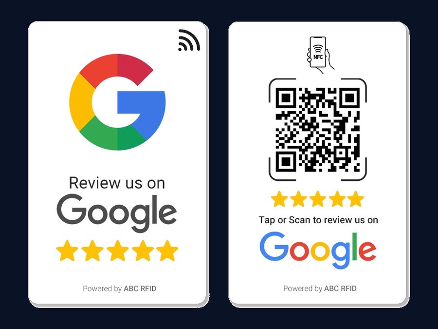 Front and back of a wallet-size Google review tap card. The front reads
                    Review us on Google with five stars; the back has a QR code and reads
                    Tap or Scan to review us on Google.